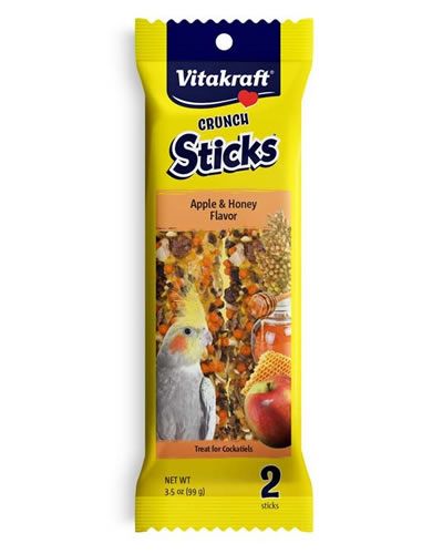 Delicious Vitakraft Crunch Sticks for cockatiels, featuring real apple and honey flavors, with a natural wood chew center.