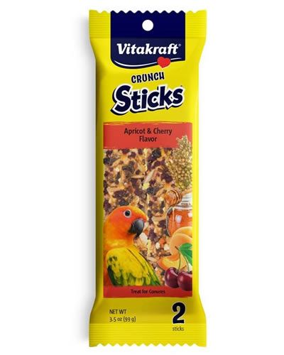 Delicious Vitakraft Crunch Sticks for conures, featuring apricot and cherry flavors, with a natural wood chew center for lasting fun.