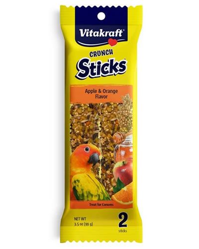 Delicious Vitakraft Crunch Sticks in Apple & Orange flavor for conures, featuring vibrant fruits and a natural wood chew center.