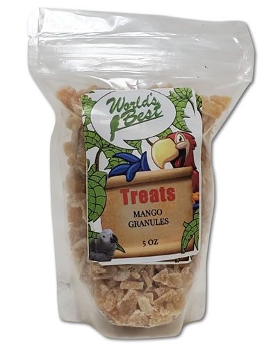 Vibrant orange mango granules in a 5oz pack, a tropical, nutritious treat perfect for birds from World's Best Treats.