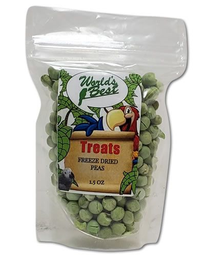 Vibrant green freeze-dried peas in a 1.5oz pack, perfect as a nutritious treat for birds with a crisp, natural look.