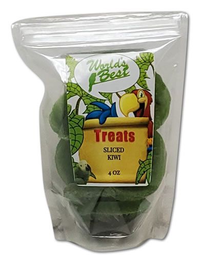 Vibrant green sliced kiwi in a 4oz pack, perfect as a juicy, nutritious treat for birds.