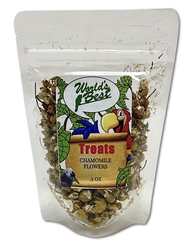 Delicate chamomile flowers in a .5oz pack from World's Best Treats, perfect for birds, with soft yellow and white petals.