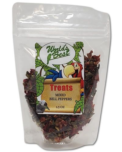 Vibrant mix of dried bell peppers in a 1.5oz pack, perfect as a colorful, nutritious treat for birds.