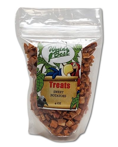 Delicious 4oz pack of sweet potato treats for birds, showcasing vibrant orange chunks perfect for feathered friends.