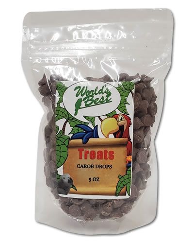 Delicious 5oz Carob Drops from World's Best Treats, a safe, chocolate-free snack for birds, shown in a tempting pile.
