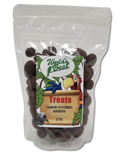 Delicious carob-covered raisins in a 5oz pack from World's Best Treats, specially made for birds with a sweet, glossy coating.