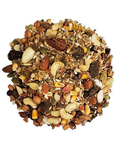 Vibrant mix of Ultimate Treat bird food with roasted nuts, colorful fruits, and cinnamon sticks for a delightful pet snack.