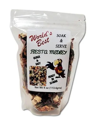 Colorful Soak & Serve Fiesta Medley 4oz pack, a vibrant, all-natural bird food mix perfect for all bird sizes.