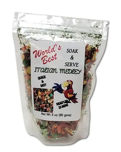 Vibrant mix of Soak & Serve Italian Medley bird food in a 3oz pack, showcasing a colorful blend of natural ingredients for all bird sizes.
