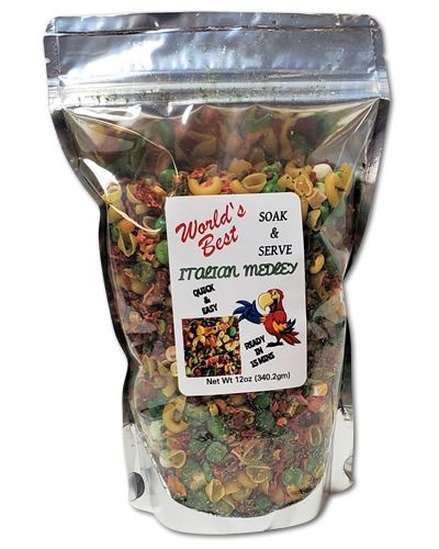 Vibrant 12oz pack of World's Best Soak & Serve Italian Medley, a nutritious, all-natural bird food blend for all bird sizes.