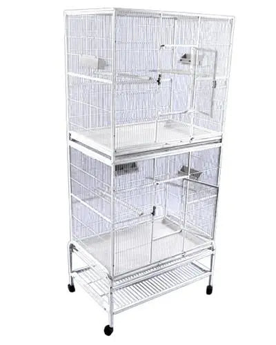 Spacious 32x21 double stack flight cage by A&E, featuring vertical bars, wood perches, and feeder stations for birds.