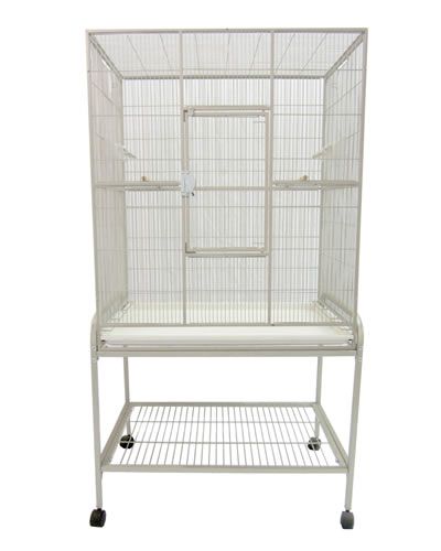 Spacious 32x21 double stack flight cage by A&E, featuring vertical bars, two large doors, perches, and a sturdy stand.