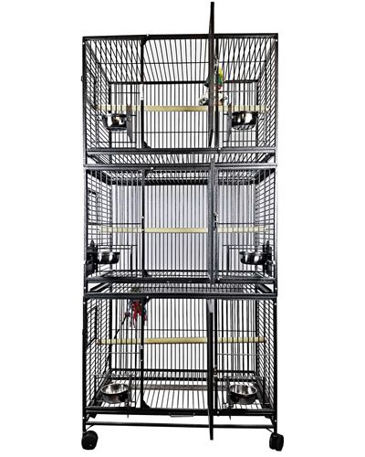 Triple stack bird cage by A&E, measuring 36x24x76 inches, featuring secure locks, stainless steel cups, and a durable, non-toxic powder coating.