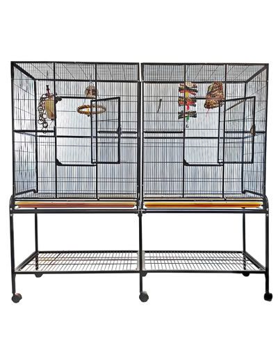 Spacious 64x21 double flight bird cage with a divider, featuring a durable powder-coated finish, perches, and feeder stations.