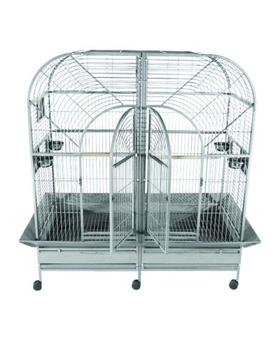 Spacious 64x32x62 stainless steel double macaw cage with secure locks, feeder cups, perches, and easy-rolling casters for large birds.
