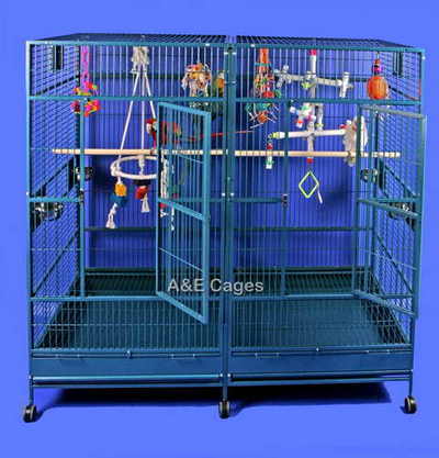 Spacious 80"x40" Double Macaw Cage with a sturdy divider, powder-coated finish, and multiple feeder doors for easy access.