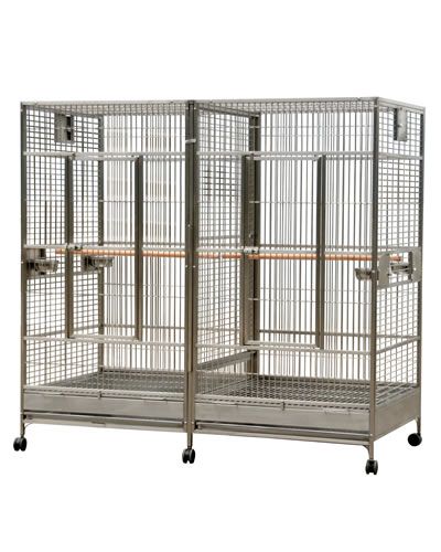 Spacious 80x40 stainless steel double macaw bird cage with secure doors, feeder cups, perches, and a removable divider.