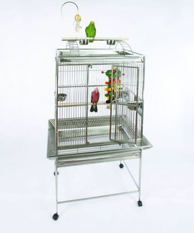 Spacious 32x23 stainless steel A&E bird cage with a play top, ladders, perch, and toy hook for interactive bird fun.