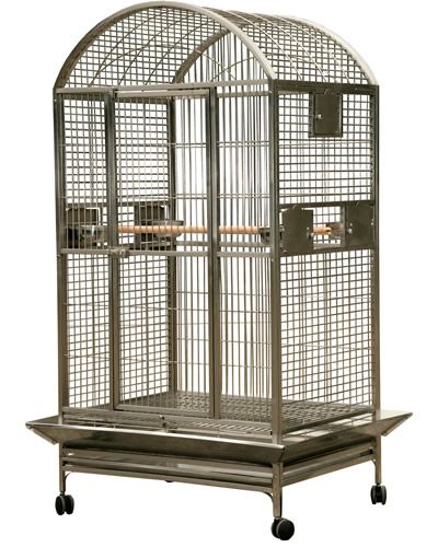 Spacious 40x30 stainless steel dome top bird cage with a secure front door, feeder cups, perches, and easy-rolling casters for large birds like cockatoos and macaws.
