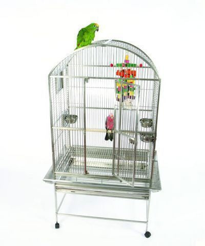 Sleek 32 x 23 dome top stainless steel bird cage with a spacious design, secure locks, and feeder cups for pet birds.