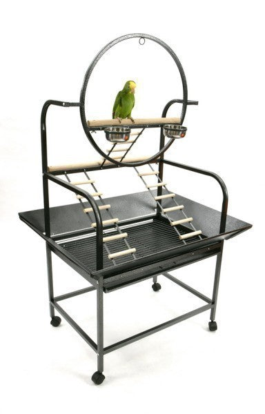 Vibrant multi-level bird play stand with wooden perches, ladders, and stainless steel dishes, perfect for active birds.