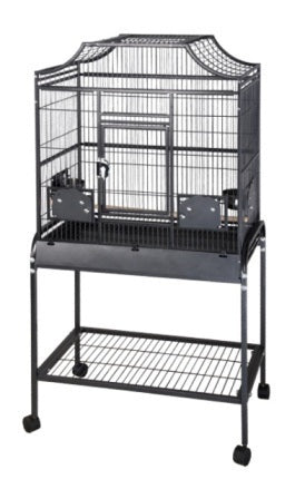 Spacious 28x18 powder-coated flight cage for birds, featuring a safe, non-toxic finish, feeder doors, and a storage shelf.