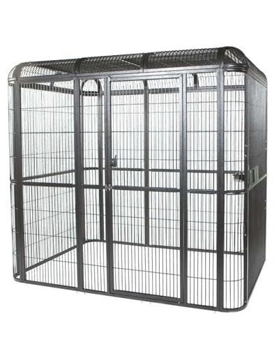 Spacious 110"x62" black walk-in aviary by A&E Cage Co., featuring a sturdy powder-coated finish and secure key lock door.