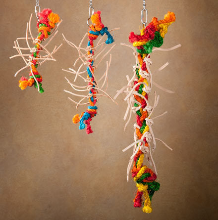Colorful Baby Lacey bird toy with a braided sisal core and vibrant vegetable-tanned leather strips, perfect for medium birds.