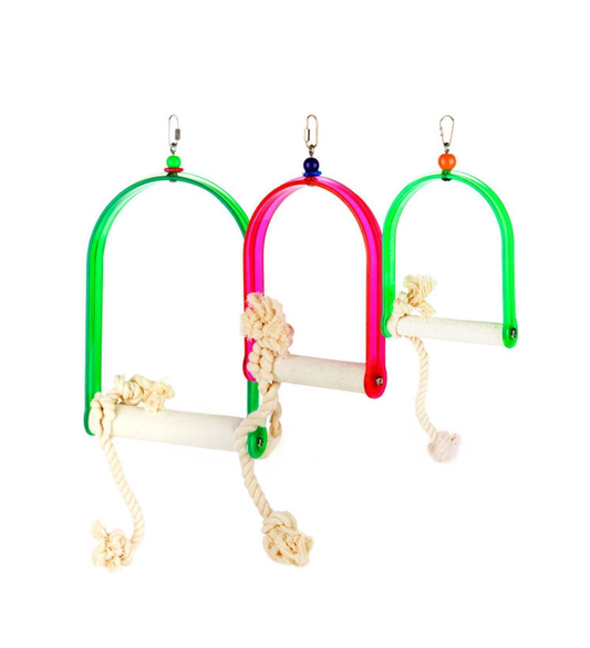 Vibrant X-Sm Arch Swing by Polly's, a natural cotton rope bird perch for small birds like lovebirds, swaying like a branch.