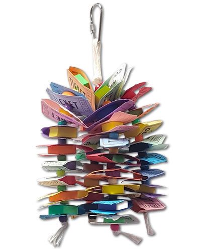 Colorful "Admit One" bird toy with folded paper tickets and foam shapes, perfect for small to medium birds to play with.