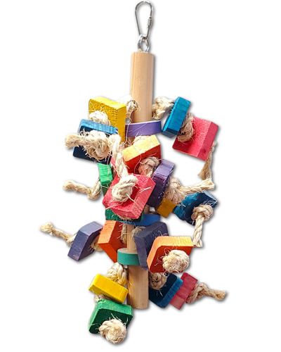 Vibrant bird toy with colorful wood blocks and sisal knots on a 13-inch pole, perfect for medium-sized birds to play and chew.