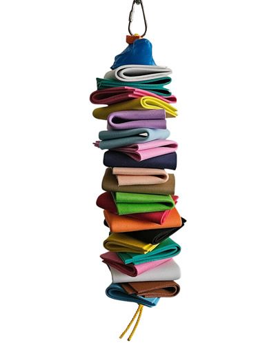 Vibrant multi-colored foam squares stacked creatively with a playful plastic toy on top, perfect for medium-sized birds.