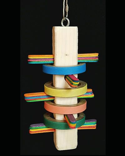 Colorful Totem Pole bird toy with popsicle sticks, birdie bagels, and a sturdy wood block, perfect for playful parrots.
