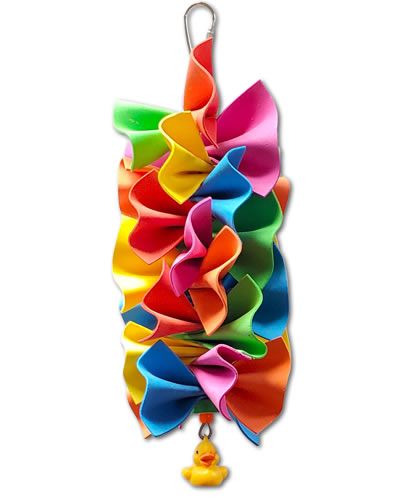 Vibrant plastic ruffles surround a central wire, with a charming duck figure at the base of this playful bird toy.