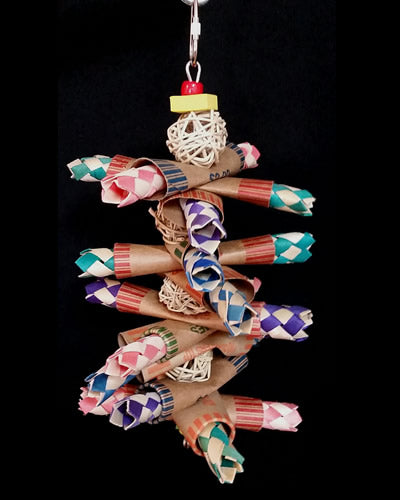 Colorful vine balls and finger traps woven together in a bird toy, perfect for stuffing with treats for Cockatiels and Conures.