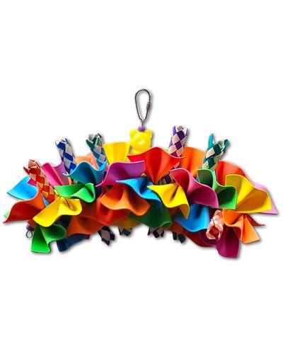Vibrant bird toy with ruffled foam pieces, colorful finger traps on wire, and a playful plastic top for medium birds.