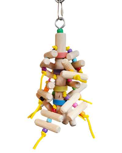 Colorful bird toy with wooden pegs, vibrant plastic beads, and birdie bagels strung on a durable poly rope for playful fun.
