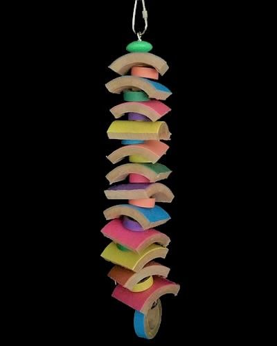Colorful Quarter Slice bird toy with quartered fatty bagels and mini rings on a shiny nickel-plated chain, perfect for chewing.