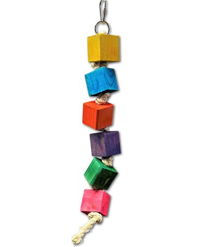 Vibrant bird toy with colorful 1.5-inch wooden squares tied by sisal rope, perfect for medium-sized birds to chew and play.