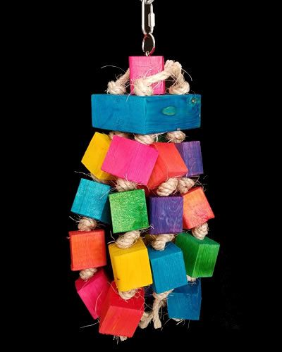 Vibrant Buer Bird Toy with five sisal and wood block legs dangling from a colorful wooden base, perfect for medium birds.