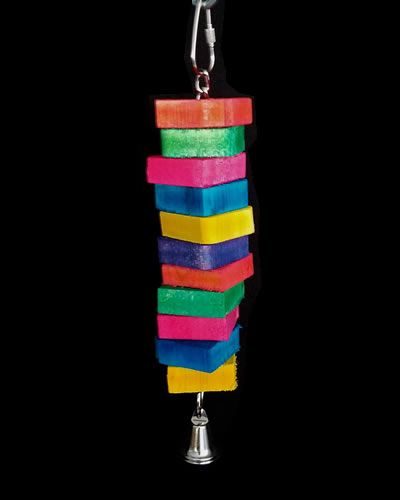 Colorful Bell Tower bird toy with vibrant wood blocks on a sturdy chain, featuring a charming liberty bell at the base.
