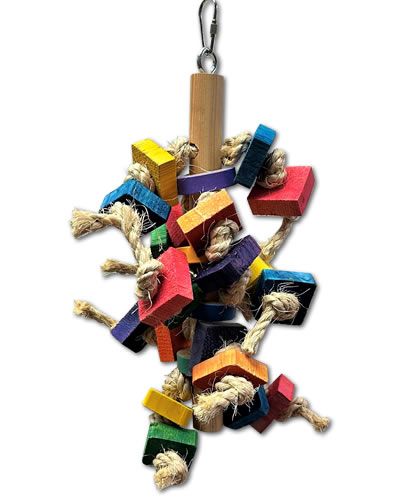 Vibrant Chunky Tree bird toy with colorful wooden blocks and birdie bagels hanging from sisal rope on a sturdy dowel.