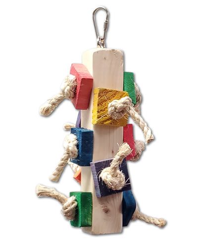 Vibrant Traffic Light bird toy with colorful wood squares and sisal rope, perfect for medium-sized birds to chew and play.