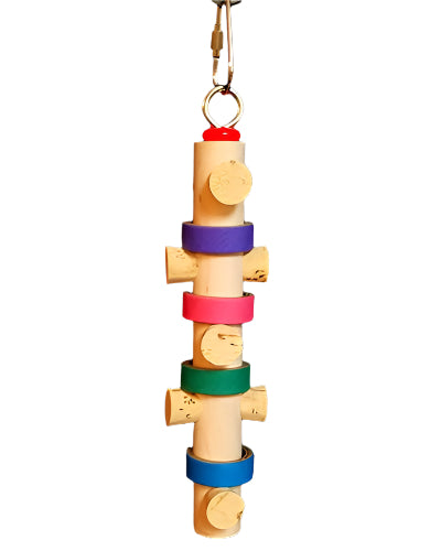 Colorful mini totem pole bird toy with corks and bagels on a wooden dowel, perfect for cockatiels and small parrots to play with.