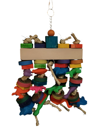 Vibrant BTC1268 Bird Toy with colorful wood slats, bagels, plastic animal shapes, and sisal rope, perfect for medium-sized birds.