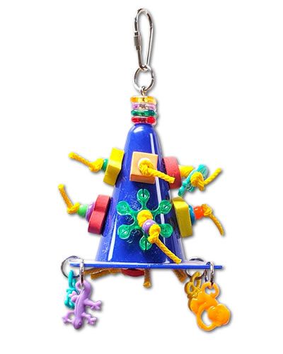Vibrant traffic cone-shaped bird toy with colorful plastic beads, rings, foam beads, and polly rope for playful pet birds.