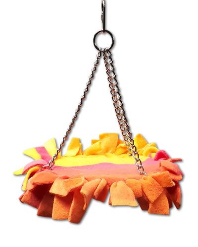 Cozy Snuggle Swing Shelf bird toy with a soft, colorful swing and play area, perfect for conures and cockatiels.