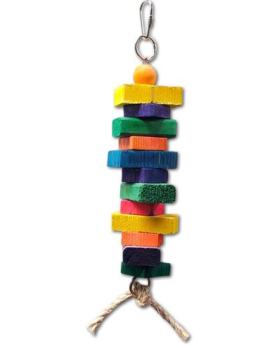 Vibrant medium chunky wood bird toy with colorful slats, a sturdy chain, and knotted sisal rope for playful pet birds.
