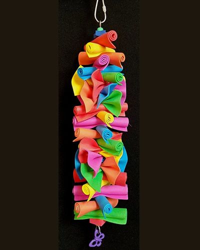 Colorful medium foam rollers bird toy with ruffled foam layers, perfect for Conures and Cockatiels to chew and shred.